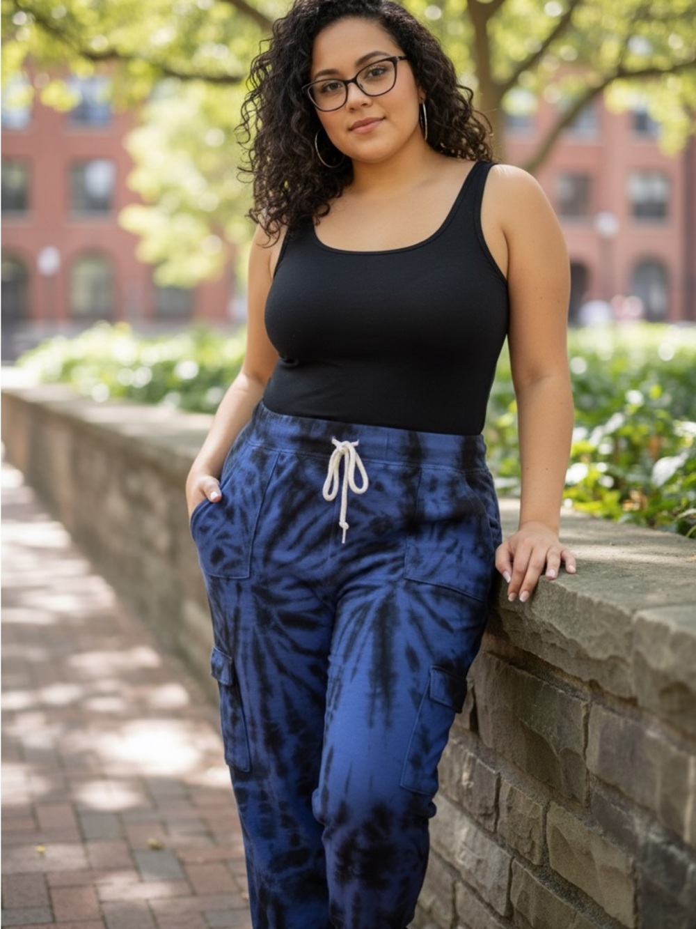 Plus-Size Blue Tie-Dye Cargo Joggers with Drawstring Waist